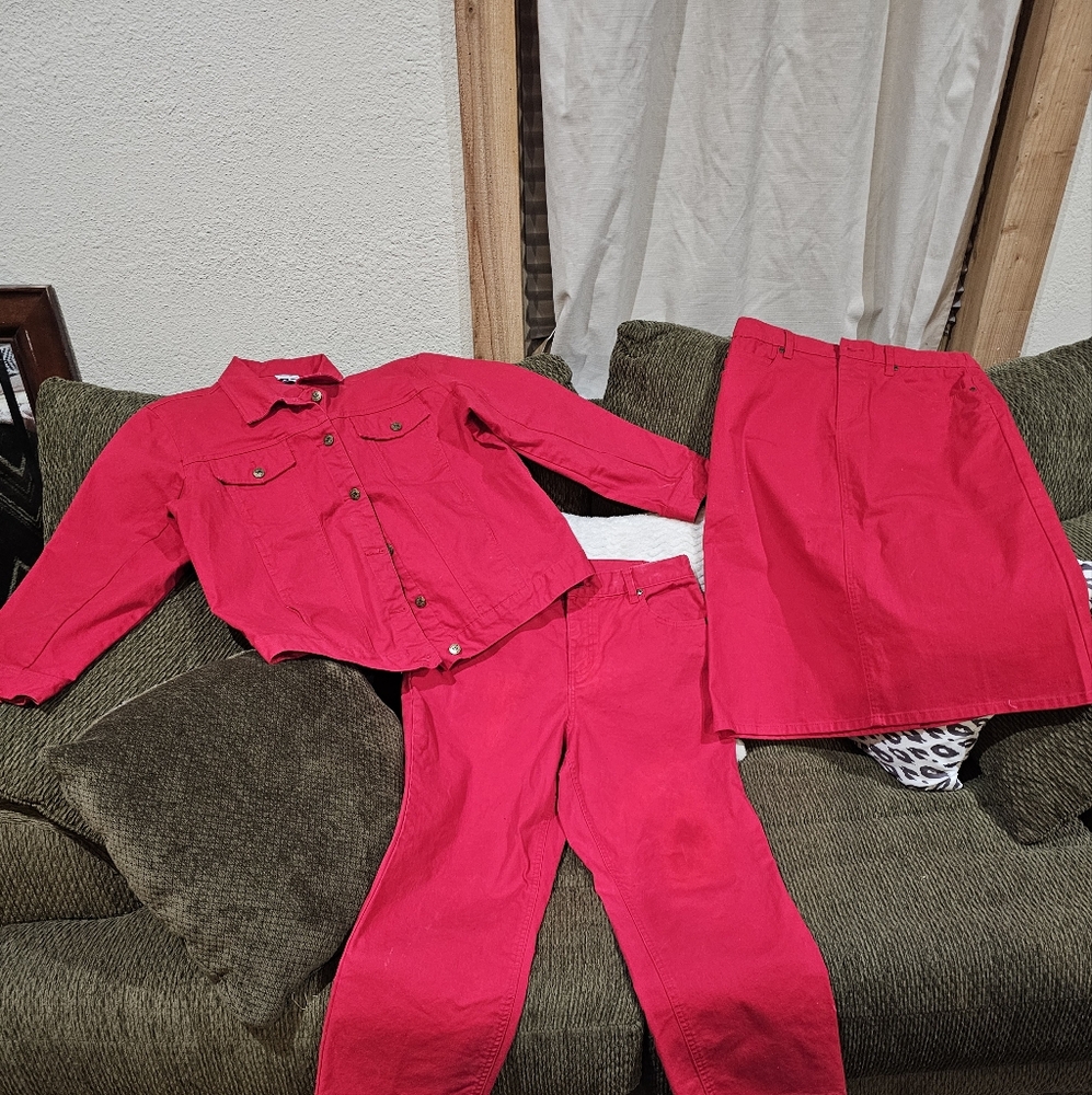 Set of Vicki Blue... red jean capris, jacket, skirt